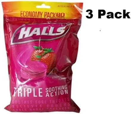Halls Cough Drops Triple Soothing Action Cough Suppressant Oral Anesthetic - Strawberry 80 Count (3 Pack)