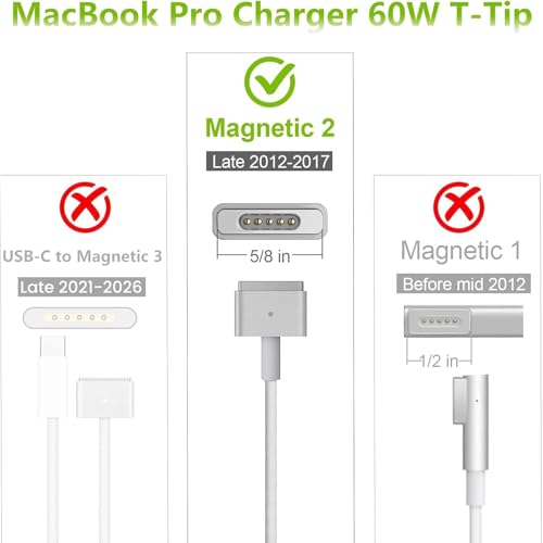 Mac Book Pro Charger 60W Mag 2 T-Tip for Mac Book Pro/Air 11/13'' 2012-2017 | Mag-netic 2 Charger 6.6FT Compatible with Old Mac Book Air/Pro A1425, A1502, A1465, A1466 Applicable to 2012-2017 (Not 2018+)