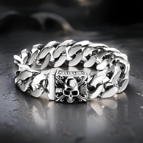 COOLSTEELANDBEYOND Men's Large Stainless Steel Barbada Chain Bracelet Bangle with Fleur De Lis and Skull, Gothic Biker Bracelet, Mirror Polished