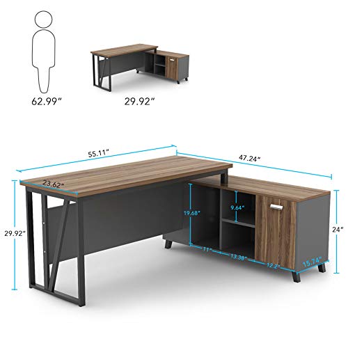 Tribesigns Large L-Shaped Desk, Executive Office Desk Computer Table Workstation with Storage, Business Furniture with File Cabinet, Dark Walnut + Stainless Steel Legs - Thumbnail 5