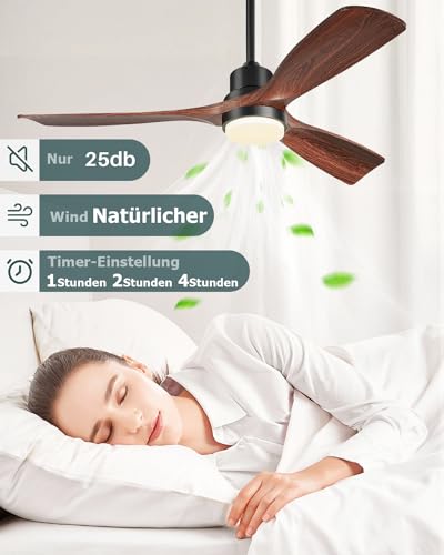 Forrovenco Ceiling Fan with Light 152 cm / 60 Inches, with Lighting & Remote Control, Outdoor Ceiling Fans for Patio, Quiet DC Motor, 3 Solid Wood Blades, Reversible, Indoor, Brown