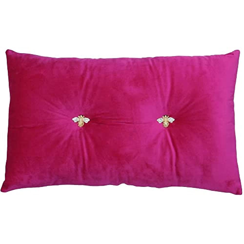 Bumble Rectangular Bee Scatter Cushion - Fuchsia Pink - Faux Velvet Look and Feel - Jewelled Metal Bee Buttons - Polyfilled - 100% Polyester - 30 x 50cm (12" x 20" inches) - Made by Riva Paoletti