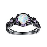 OPALTOP Black Gun Plated White Fire Opal Rings Created Amethyst Promise Engagement Rings Band for Women Girls (Size 5-10)