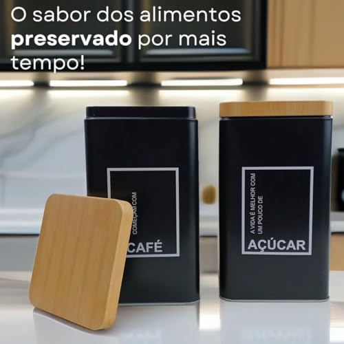 Conjunto de Potes Herméticos para Café e Açúcar Quadrado Metal Preto Fosco com Tampa na Cor Bambu Natural Decorativo Elegante Moderno Sofisticado Resistente e Boa Capacidade de Armazenamento