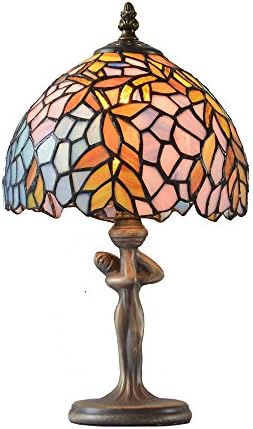 Vintage Art Deco Leaf Stained Glass Fairy Lady Figurine Desk Lamp Table Light Metal Base Bronze