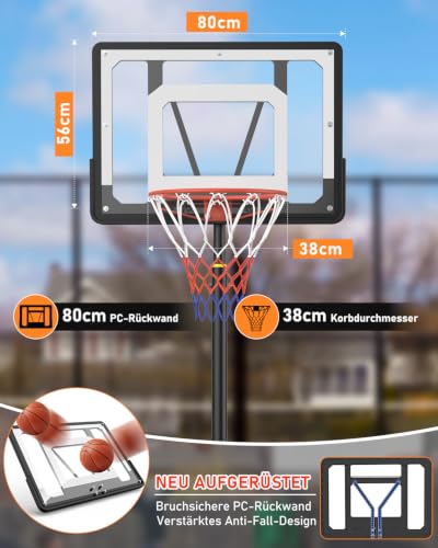 Basketball Hoop Outdoor Children's Basketball Stand: 150-210 cm Height Adjustable Basketball Stand with 80 x 60 cm Shatterproof Back Panel, Enlarged Base and Wheels for Children/Teenagers