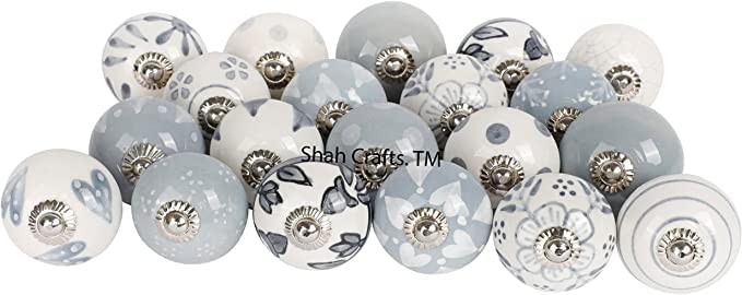 Shah Crafts. Grey and White Ceramic Door Knobs, Set of 10 Premium Quality Assorted Designs Handmade Vintage, Shabby Chic, Interior Furniture, Cabinet Cupboard Wardrobe Drawers Pulls Handles
