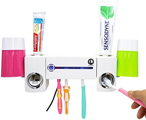 UV Light Toothbrush Sanitizer Sterilizer Kit with Toothpaste Dispenser 5 Toothbrush Holders + Automatic Toothpaste Squeezer