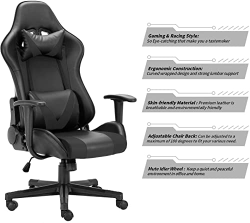Gaming Chair Home Office Chair 180 Degree Reclining Height Adjustable with Massage Lumbar Support Headrest Armrest PU Leather Ergonomic Design Swiveling Chairs, Black