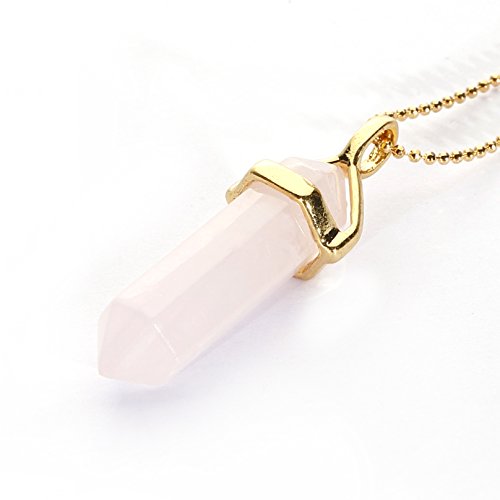 BRCbeads Nice Faceted Gold Plated Rose Quarts Healing Point Chakra Pendant 40x8mm 1pcs per Bag for Necklace Making ( Include 1 pcs 24K Gold Plated Necklace )