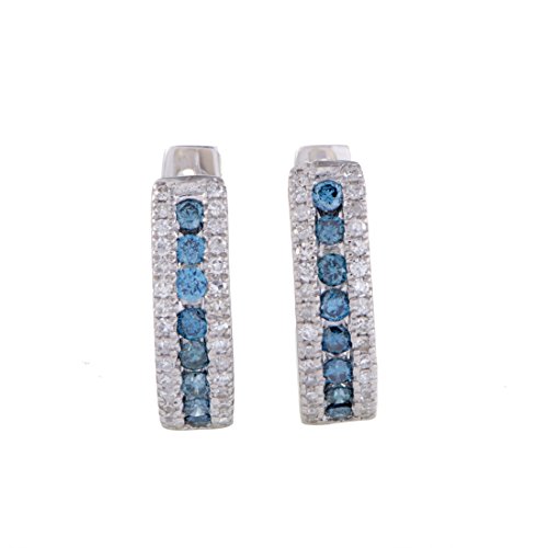 Diamond Hoop Earrings in 14K White Gold; 0.35 Carats of White and Blue Diamonds in 0.37" Hoops