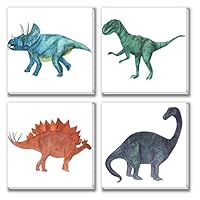 Texture of Dreams Boy Room Cool Dinosaur Painting Print on Canvas Wall Art Tyrannosaurus Stegosaurus Triceratops Painting Artwork Giclee Printing Wall Decor Home Decoration, 4 Pack (10" x 10")