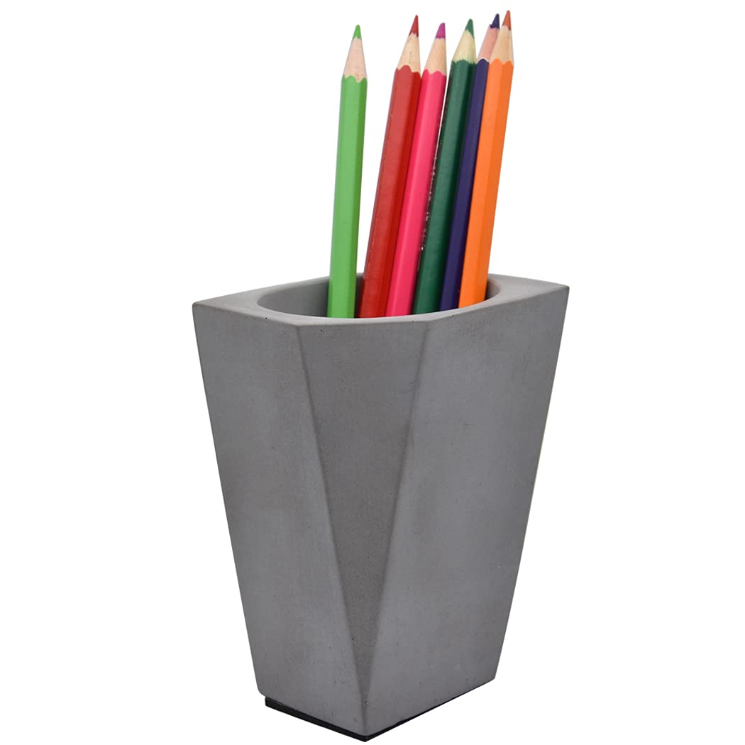 Hoshen Creative Cement Pen Holder, Geometric Shape Pencil And Brush Holder, Desktop Illustration Bottle Decoration，Cement Black