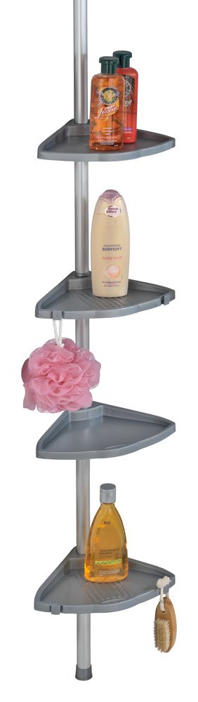 Wenko 3201824100 Telescopic shower corner element Compact Silver 4 shelves, 4 hooks, Metal Aluminium, 26 x 78275 x 19.5 cm, Silver