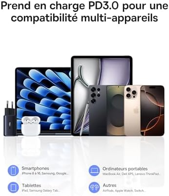 Picogo Chargeur USB C 67W pour iPhone 17, Mini Adaptateur Secteur USB C à 3 Ports, Rapide GaN Charger PD avec PPS, Compatible avec iPhone 16-8, MacBook, iPad, Ordinateur Portable, Galaxy
