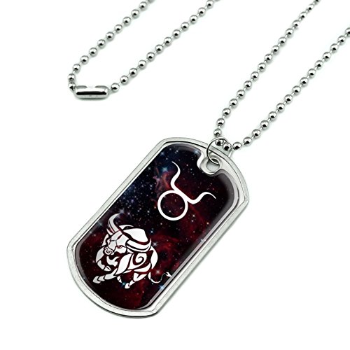 Taurus Bull Zodiac Sign Horoscope In Space Military Dog Tag Pendant Necklace with Chain