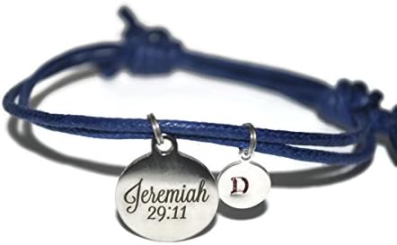 Jeremiah 29:11, stainless steel cord initial bracelet, and scripture note card