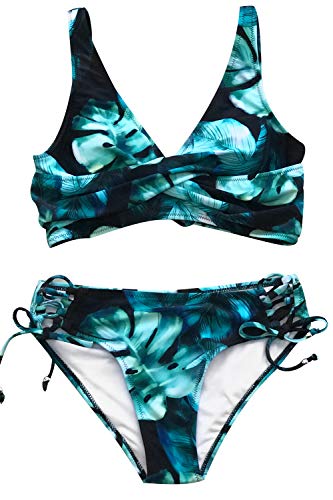 CUPSHE Women's Yellow and Purple Floral Front Cross Lace Up Bikini (X-Small, Black Green)