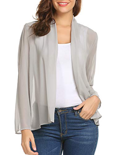 Pinspark Women Lightweight Chiffon Cover Up Sheer Kimono Long Sleeve Open Front Summer Cardigan (Grey, X-Large)