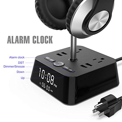 KDrive Headphone Stand with 4 USB Charging Port, 2 AC Outlet, LED Desk Lamp Lighting, HD Clock Display - Universal Sizes, Gaming Headset Hanger Organizer