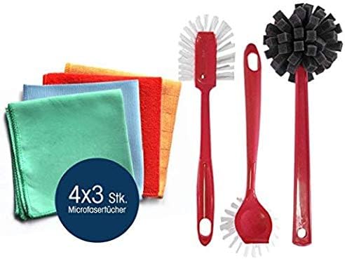 Caburi clean scrubbing brush - set of 4 in green and red. 3 X Rote Bürsten + 12 X Microfaser