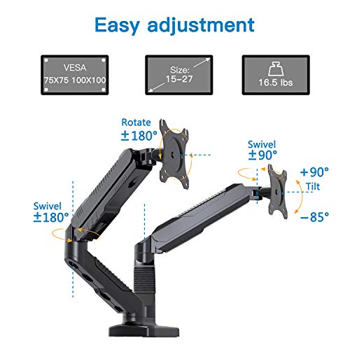Dual Monitor Stand - Monitor Desk Mount with Swivel & Tilt , Adjustable Monitor Riser with Grommet Installation , C Clamp , Cable Management , Gas Spring Monitor Arms for 15 to 27 inch LCD Screens - Thumbnail 4