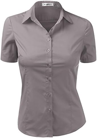 Doublju Womens Slim Fit Short Sleeve Button Down Blouse Basic Simple Shirt Grey Large