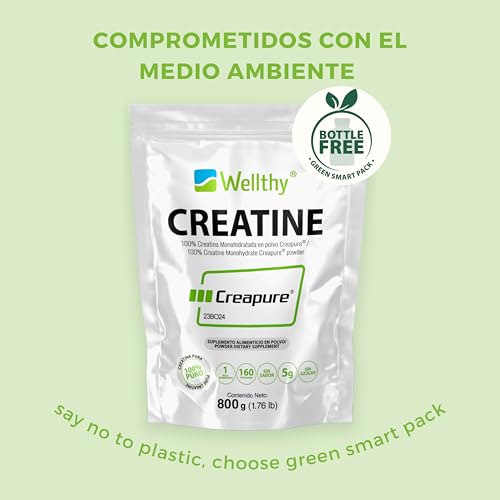 Wellthy Creatina Monohidratada Micronizada Creapure ® 800g. 100% Pura. Solo 1 Ingrediente Creatina Alemana Creapure®. Vegana, Sin Azúcar, 160 porciones, 5g por porción, Pre Entreno con Scoop. Pure. Proven. Perfect.