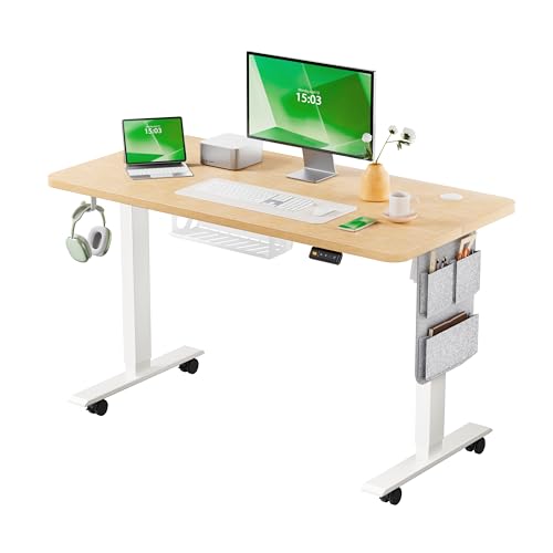 MAIDeSITe Height Adjustable Electric Lift Table, 100 x 60 cm Standing and Sitting Table with Cable Tray, Hook and Storage Pockets, Lift Table with Memory Controller