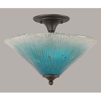 2 Light Semi Flush With Teal Crystal Glass Shade Ceiling Pendant