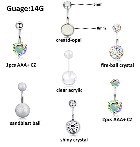 Milacolato 10PCS Stainless Steel Belly Button Rings for Womens Girls Navel Rings Barbell Dangle Acrylic CZ Body Piercing Jewelry AB