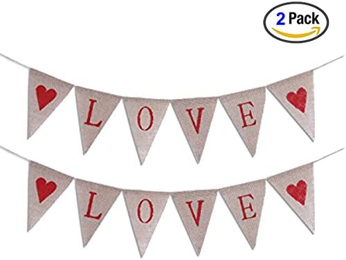 LOVE Letters and Hearts Valentine's Day Bunting Banners Rustic Jute Burlap Pennant Flags Vintage Wedding Garland