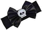 Satin Bow and Felt Skull Baby Headband From Funny Girl Designs - Fits Newborn to 12 Months (Black Bow with White Skull)