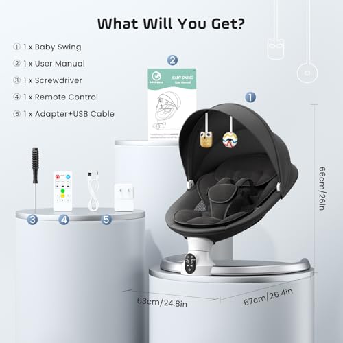 Electric Baby Rocking Chair, 0-9 kg, Baby Hammock with Bluetooth and Remote Control, Foldable Baby Rocking Chair with 5 Point Harness, Sun Visor and Mosquito Net