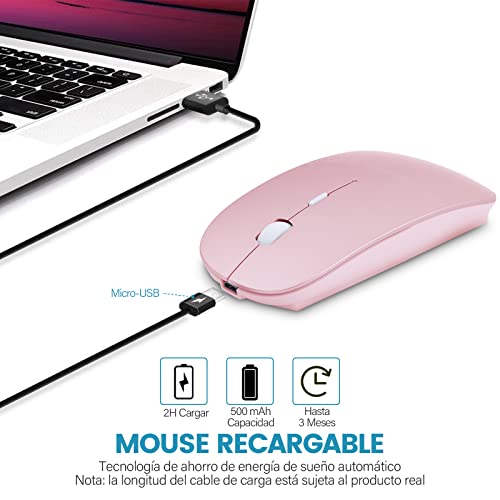 YOMYM Mouse Ratón óptico Inalámbrico Recargable 2.4 G, Silencioso Click con Receptor USB y Tipo-c Adaptador 3 Ajustable dpi Ratón para Computadora, Ideal para Ordenadores portátiles, PCs, Rosa