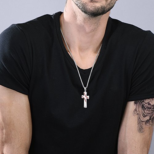 YOUFENG Cross Necklace for Men Baseball Pendant I CAN DO All Things Strength Bible Verse Stainless Steel Necklace (White Cross Necklace) - Thumbnail 6