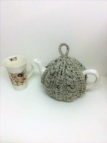 Grey cable Hand knitted Tea cosy, handmade teacosies, fits a 4 cup tea pot fleck in the wool