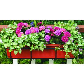 Flower box holder adjusts to fit almost any size railing