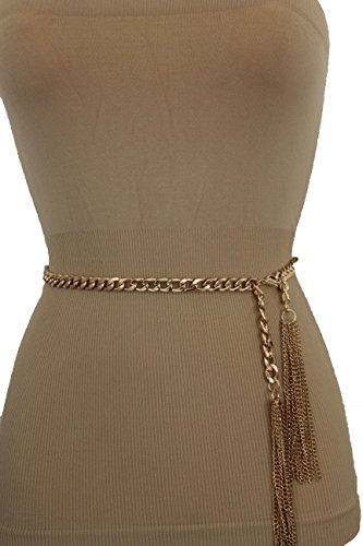 TFJ Women Fashion Belt Skinny Metal Chain Fringes Wrap Around S M Gold