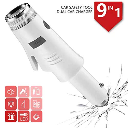 USB Car Charger with Multifunction Seatbelt Cutter Window Breaker Safety Hammer Emergency Portable Power Bank Flash Lights Personal Alarm Escape Tool for Car - 2000mAH - White