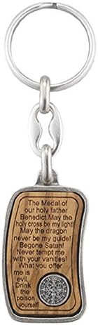 Saint Benedict Olive Wood Key Chain with Oxidized