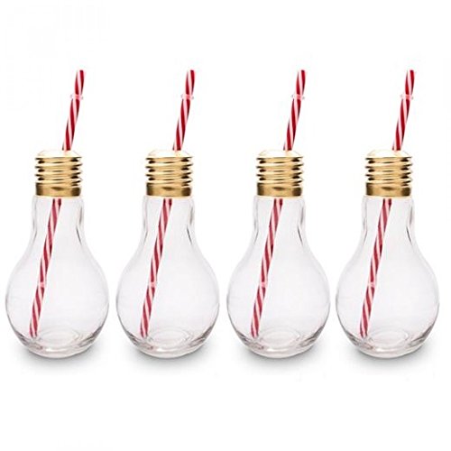 CKB LTD® Pack of 4 Edison Light Bulb Novelty Drinking Glasses with Straw 400ml - Ideal for Soft Drinks, Beers, Cocktails & Rum Based Long Drinks