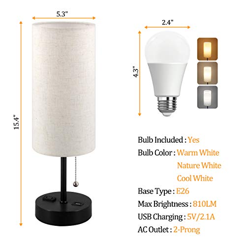 USB Bedside Table Lamp, 2700K 4000k 5000K Nightstand Lamp with Pull Chain, Bedside Lamp with USB Port & AC Outlet, Table Lamps for Bedrooms Living Room, Bulb Included, Fabric Linen Lamp Shade, 1PK