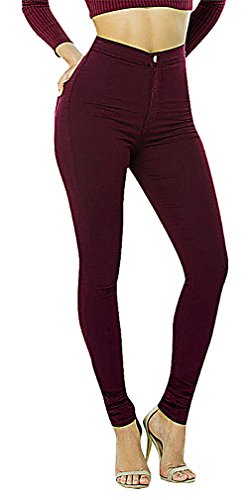 US&R Women’s Skinny Burgundy Jeans Comfortable Casual Fitted Mid Waisted, Burgundy 8 ,Manufacturer(XL)