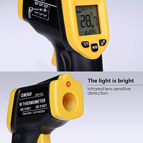 Non-Contact Digital Infrared Thermometer - Laser Thermometer Gun -58℉~ 932℉ (-50℃ ~ 500℃) Adjustable Emissivity,Temperature Probe for Cooking/Air/Refrigerator/Freezer (Yellow-2) - Thumbnail 3