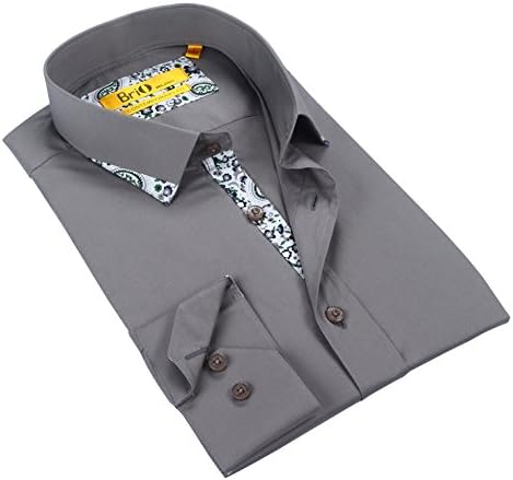 Brio Milano Men's Solid Gray/White Trim Modern Fit Buttoned Down Dress Shirt (X-Large)