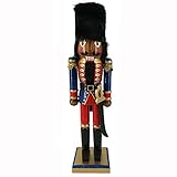 Christmas Holiday Wooden Ethnic Nutcracker Figure Soldier with Traditional Blue and Red Uniform Jacket with Sword and Fur Hat, Gold Tassel Details Large, 15 Inch