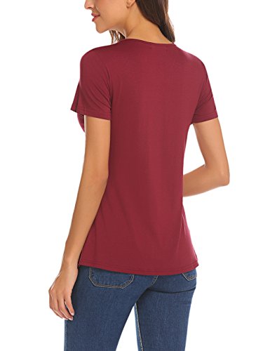 Locryz Women V-Neck Short Sleeve Ruched Pleated Front Casual Loose T-shirt Top Blouse (L, Wine Red)