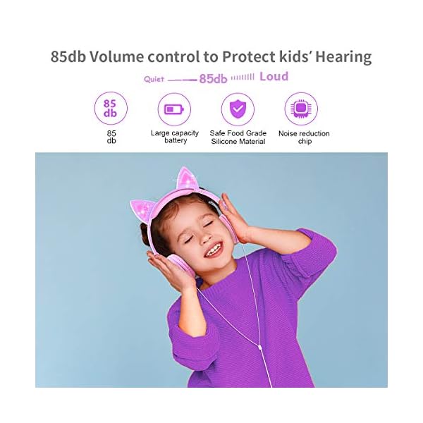 Kids-Headphones-with-Cat-EarLobkin-Wired-Headphones-Over-Ear-for-ChildrenFoldable-Headphone-with-Glowing-Light-for-Kindle-Fire-Samsung-iPad-Tablets-purple LOBKIN Kids Headphones, Cat Ear LED Light Up Wired Headphones Over Ear with 85dB Volume Limited Hearing Protection,Cute…