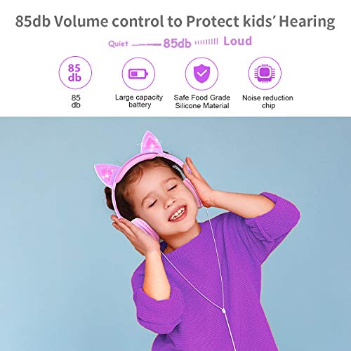 Kids Headphones, Cat Ear Wired Headphones for Girls Boys, Over Ear Headset Foldable Adjustable 85db Volume Limited for iPhone/iPad/PC(Purple+Pink)